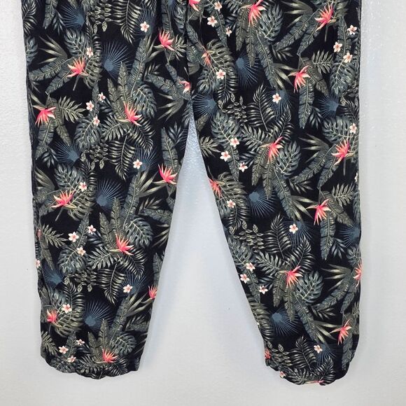 Intro Black & Green Tropical Floral Linen Cropped Flat Pocket Pants Size 14 - Picture 8 of 11